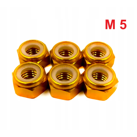 Nakrętka aluminiowa m5 din 985 samohamowana z wkładką nylonową złota