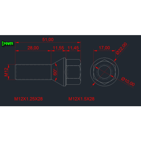 Tytanowe śruby do kół felg m12x28 skok 1,25 tytan grade 5