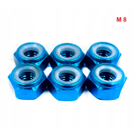 Nakrętka aluminiowa m8 din 985 samohamowana z wkładką nylonową błękitna