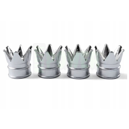 Nakrętki na wentyle czapki kapturki na zawory korona aluminiowa srebrne