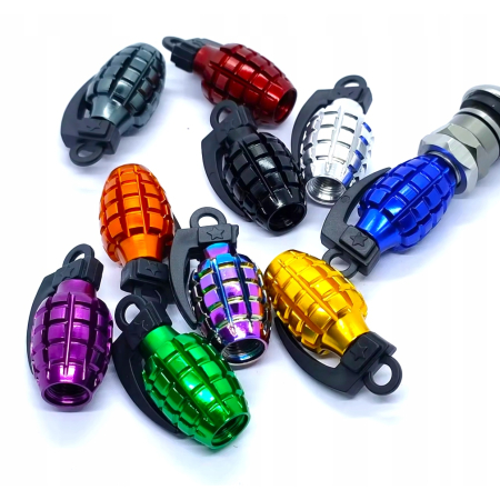 Nakrętki na wentyle samochodowe czapki kapturki aluminiowe granaty srebrne