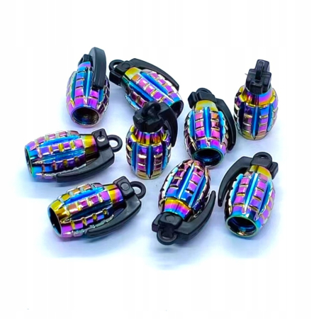 Nakrętki na wentyle samochodowe czapki kapturki aluminiowe granaty rainbow
