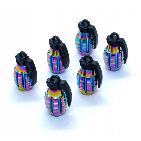 Nakrętki na wentyle samochodowe czapki kapturki aluminiowe granaty rainbow