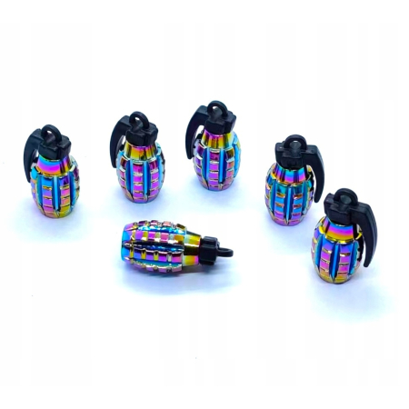 Nakrętki na wentyle samochodowe czapki kapturki aluminiowe granaty rainbow